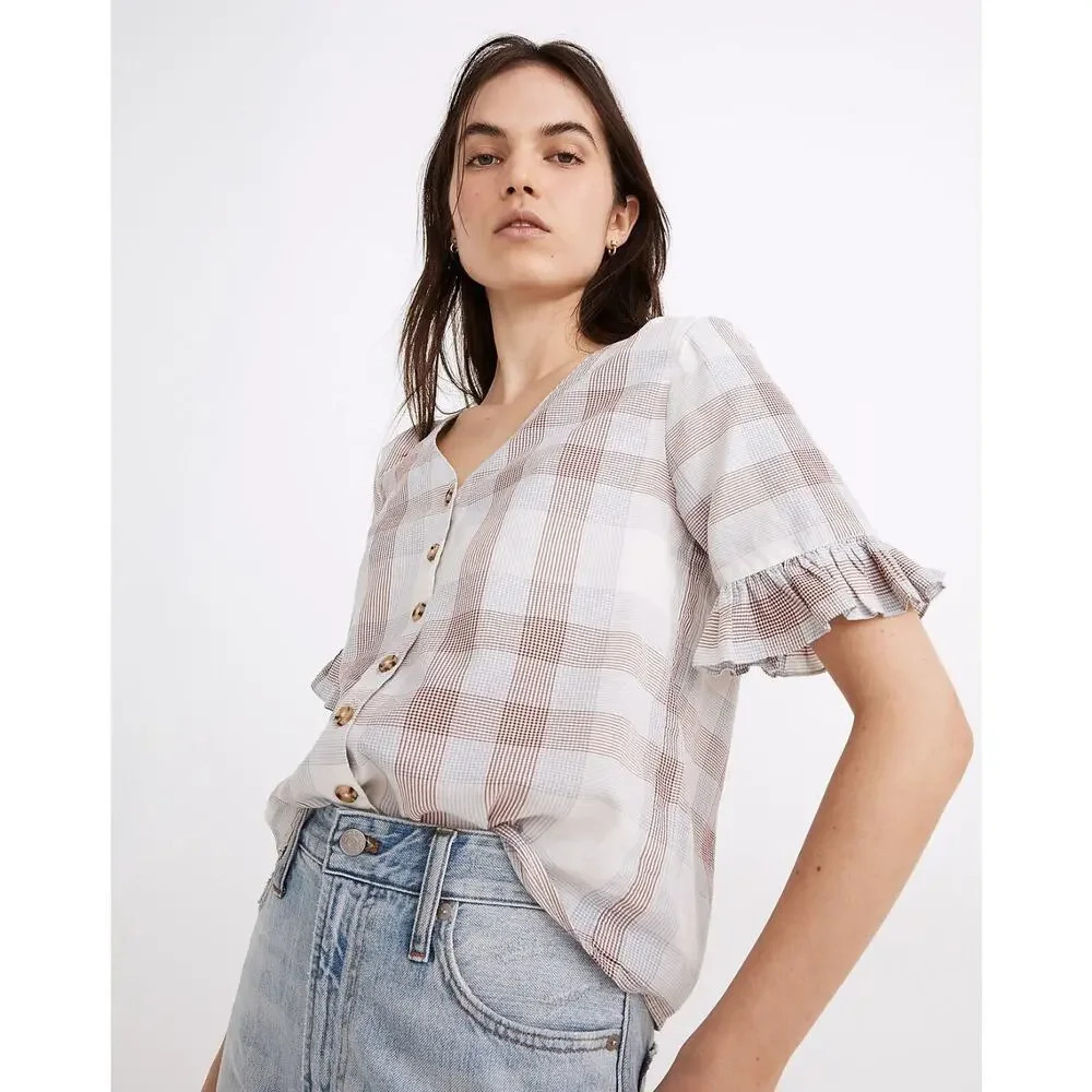 Madewell Village Ruffle Sleeve Shirt in Plaid size xs
